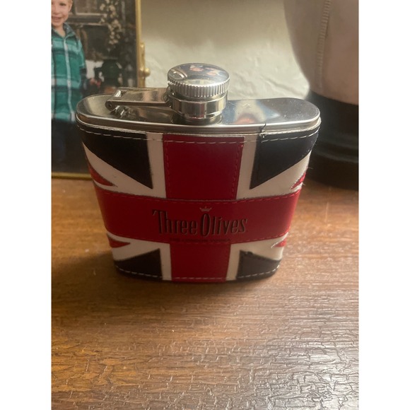 Three Olives Other - Three Olives Vodka Hip Flask Union Jack British Flag Stainless Steel Barware